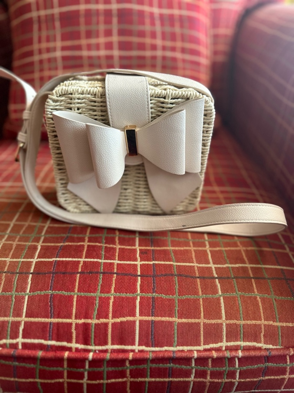 Woven Crossbody Bag with Cream Bow Detail